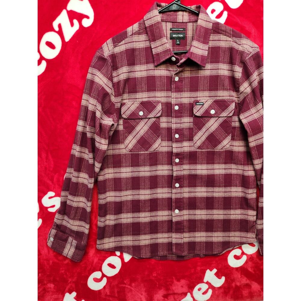 Brixton Bowery Flannel Shirt Mens Large Burgundy Plaid Button Up Long Sleeve